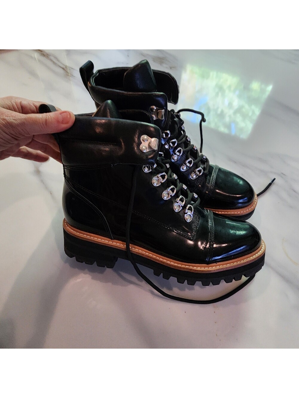 Marc Fisher LTD Black Patent Leather Lace Up Lug Sole Boots Women’s 7.5